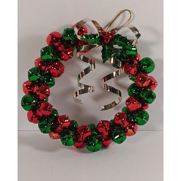 Vintage Metal Red Green Jingle Bell Wreath Christmas Wall Door Hanging 10" - Picture 1 of 12